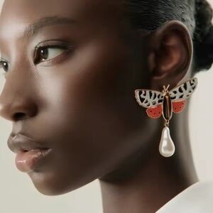Zara Red and Gold Butterfly Pearl Earrings